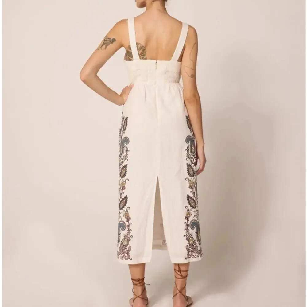Cleobella Jolene Veneto Paisley Ivory‎ Ankle Midi Linen Dress Boho Indie Cottage